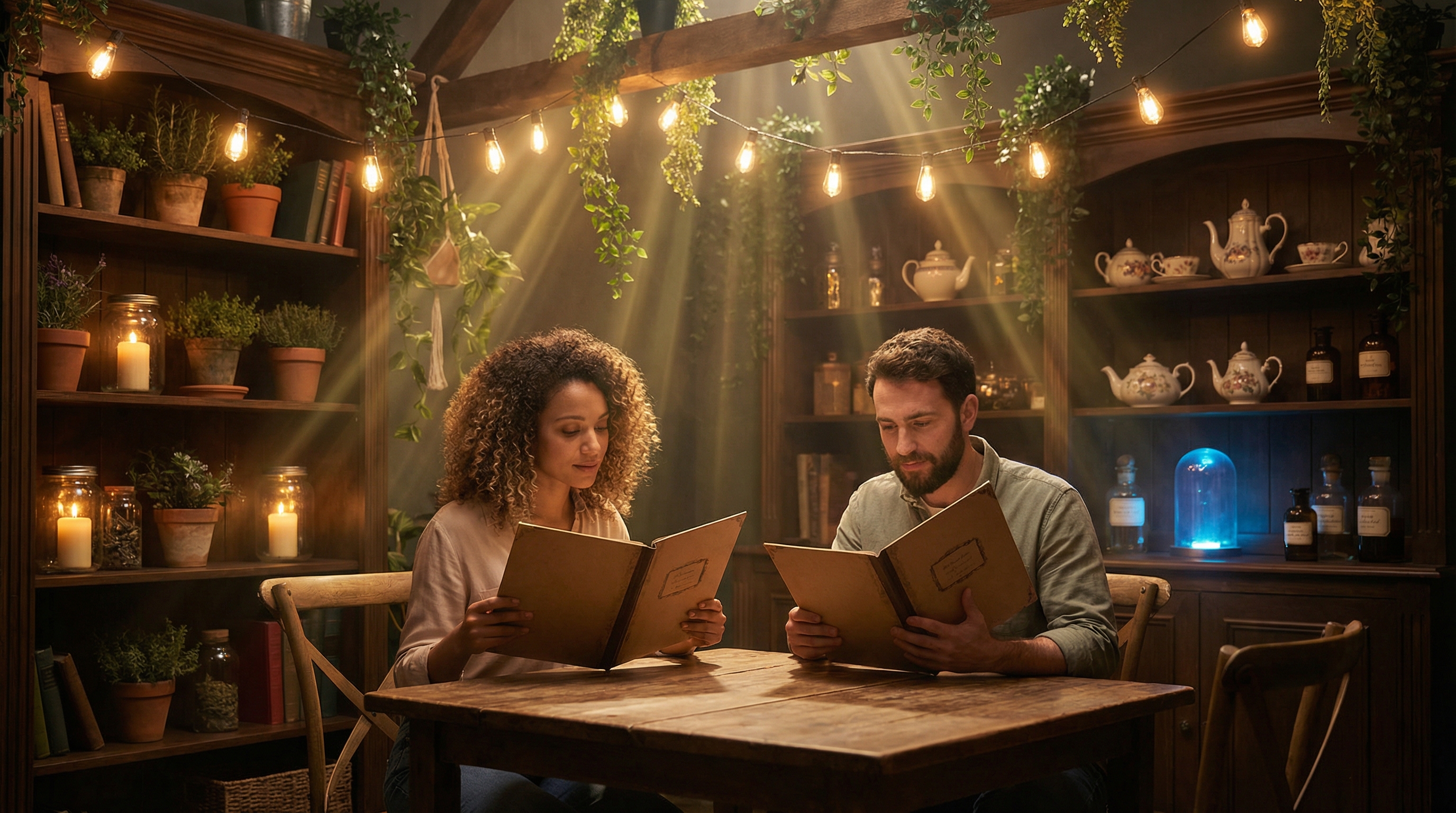 Two guests browsing the Magicoffee menu in a cozy, mystically lit café
