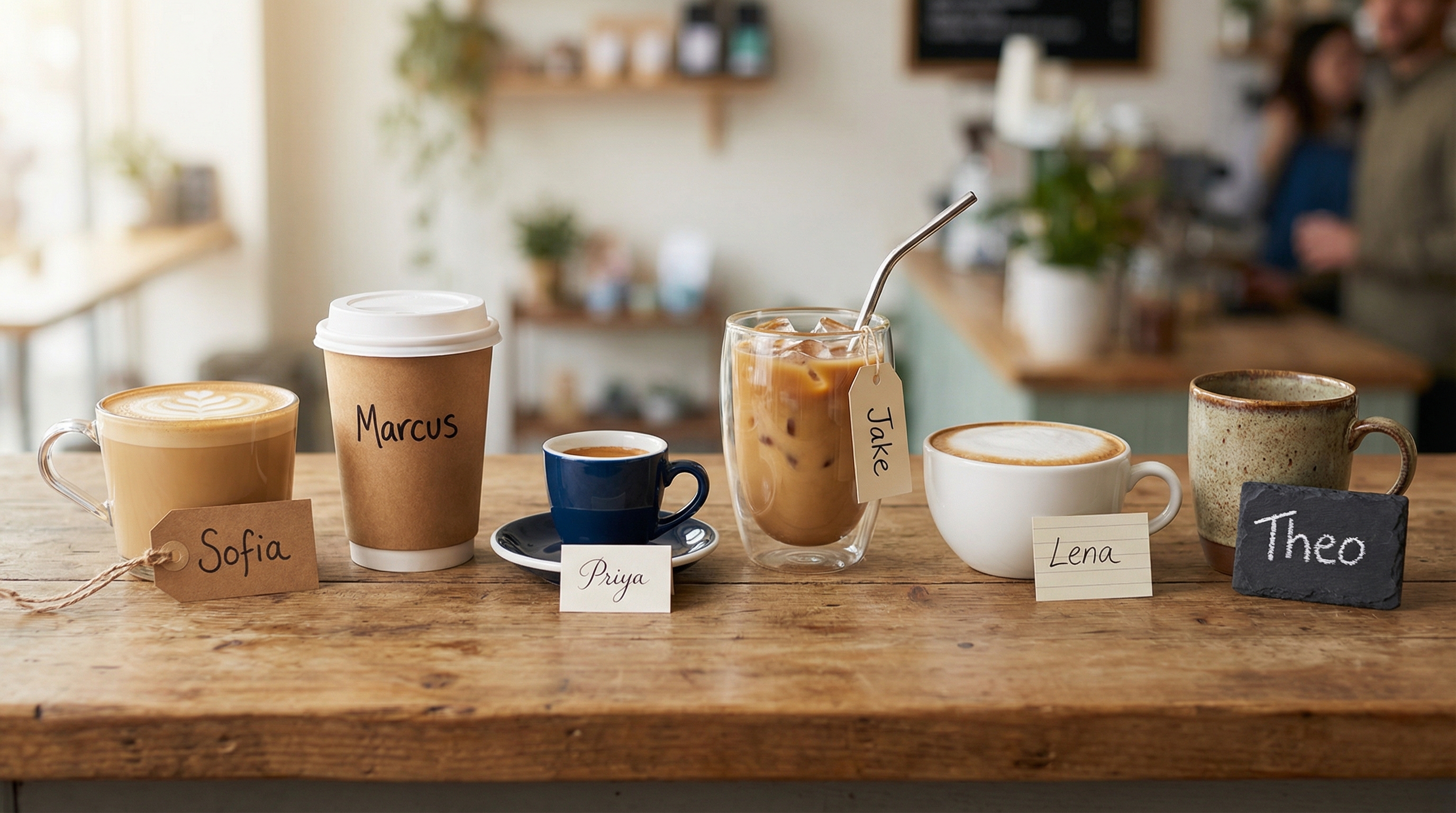 A lineup of different coffee cups, each labeled with a barista's name — Sofia, Marcus, Priya, Jake, Lena, and Theo